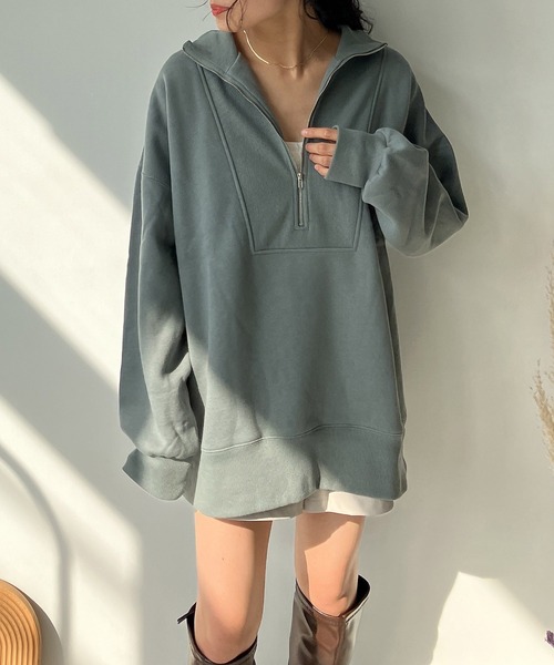 AS KNOW AS plus（アズノゥアズプラス）の「♪ハーフジップ スウェット プルオーバー　【2023AWアイテム】（スウェット・レディース・ブラック/ブルーグレー/オートミール/キナリ/ブラック系/カーキ系/アイボリー系/ネイビー系・FREE）」の12枚目の写真