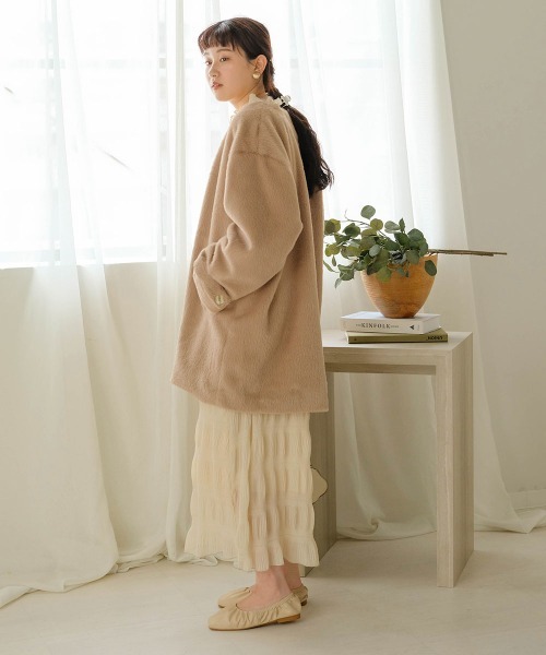 Bab（バブ）の「エコファーノーカラーコート（ノーカラーコート・レディース・グリーン/イエロー/ベージュ・M）」の4枚目の写真