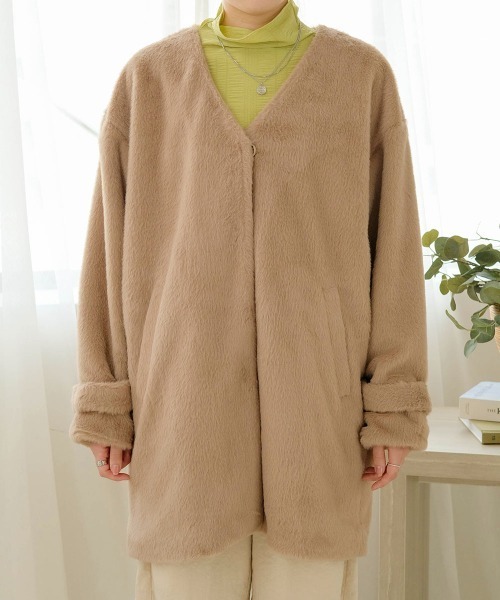 Bab（バブ）の「エコファーノーカラーコート（ノーカラーコート・レディース・グリーン/イエロー/ベージュ・M）」の21枚目の写真