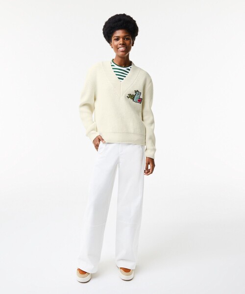 [LACOSTE] シーズナルワッペンVネックニットセーター レディース セール】シーズナルワッペンVネックニットセーター（ニット