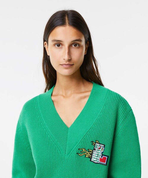 LACOSTE シーズナルワッペンVネックニットセーター セール】シーズナルワッペンVネックニットセーター（ニット