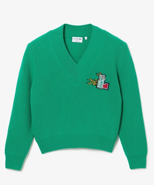 [LACOSTE] シーズナルワッペンVネックニットセーター レディース セール】シーズナルワッペンVネックニットセーター（ニット