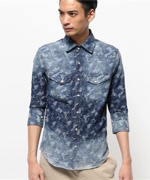 VENCEEXCHANGE（ヴァンスエクスチェンジ）の「デニム迷彩ジャガード7分シャツ　　　　      （シャツ/ブラウス・メンズ・ブルー・MEDIUM/SMALL/LARGE）」の2枚目の写真