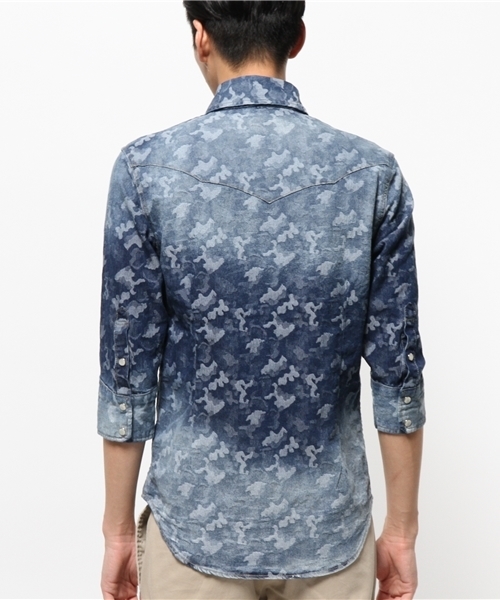 VENCEEXCHANGE（ヴァンスエクスチェンジ）の「デニム迷彩ジャガード7分シャツ　　　　      （シャツ/ブラウス・メンズ・ブルー・MEDIUM/SMALL/LARGE）」の4枚目の写真