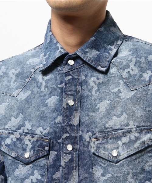 VENCEEXCHANGE（ヴァンスエクスチェンジ）の「デニム迷彩ジャガード7分シャツ　　　　      （シャツ/ブラウス・メンズ・ブルー・MEDIUM/SMALL/LARGE）」の5枚目の写真