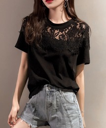 モチーフレース使いクルーネックTシャツ