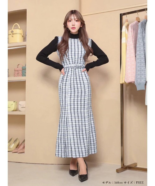 セール】スプリングツイードドッキングロングワンピース