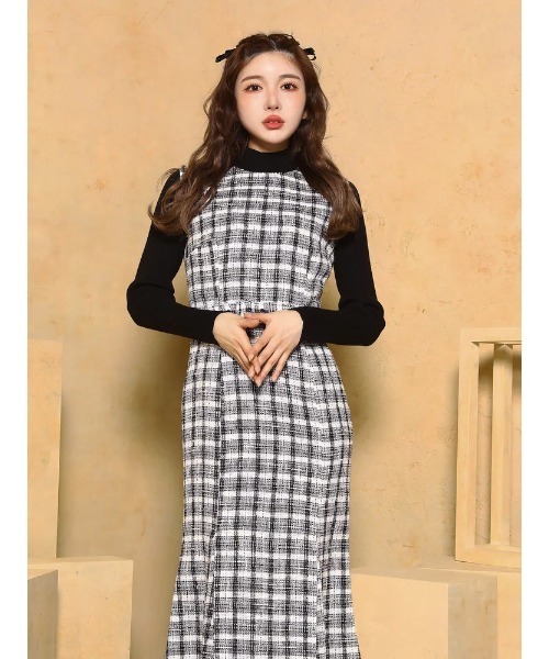 セール】スプリングツイードドッキングロングワンピース