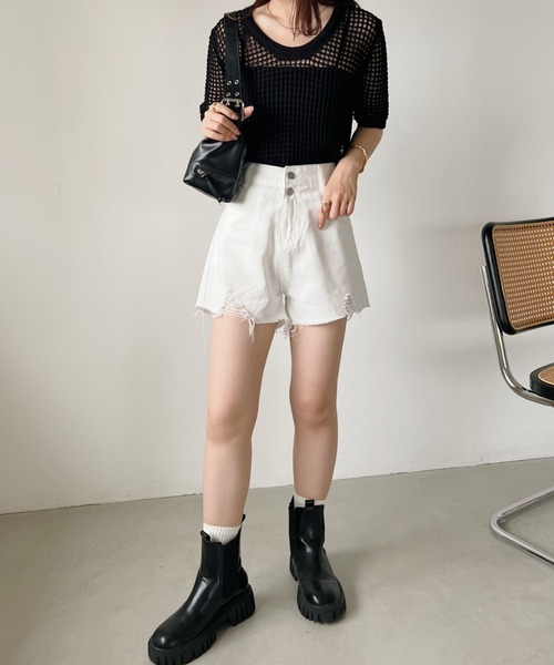 CLEA（クレア）の「ヴィンテージ風 グランジ ダメージデニムショートパンツ（デニムパンツ・レディース・ブラック/ブルー/ホワイト/ダークグレー・M）」の15枚目の写真