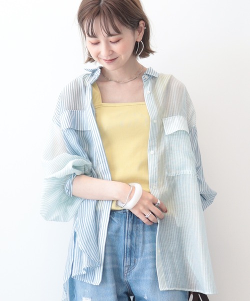 AMERICAN HOLIC（アメリカンホリック）の「Wポケットシアーシャツ（シャツ/ブラウス・レディース・ライトグリーン/アイボリー/マルチ/キャメル/ストライプ・M/L）」の4枚目の写真