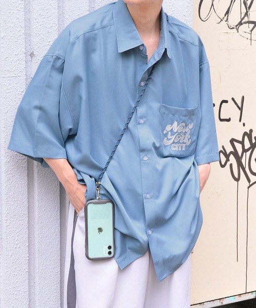 ZIP FIVE（ジップファイブ）の「【ZIP FIVE】オーバールーズワンポイント刺繍レギュラーカラー/ビッグシルエット半袖シャツ（シャツ/ブラウス・メンズ・ホワイト/ネイビー/ブラック/ライトグレー/ブルー・MEDIUM/LARGE/X-LARGE）」の5枚目の写真