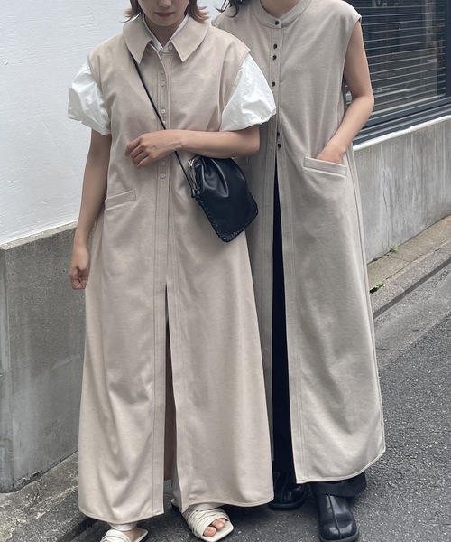 lawgy（ラウジー）の「neck 2way hem piping vest / ネック2wayヘムパイピングベスト（ベスト・レディース・ベージュ/モカ・FREE）」の4枚目の写真