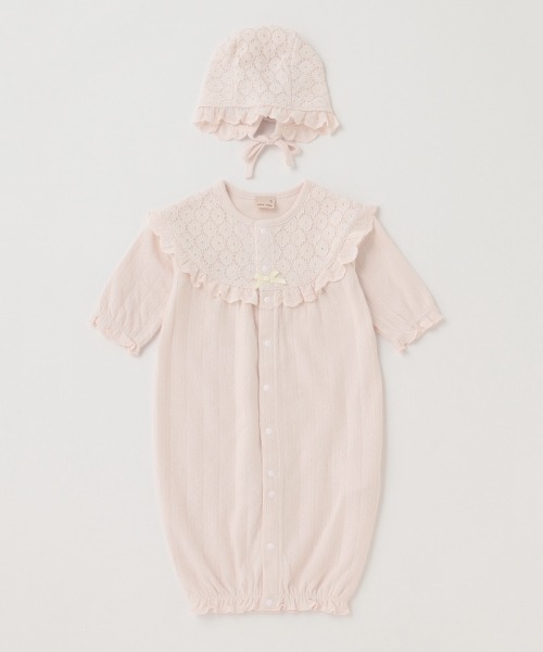 petit main(プティマイン)の「【弱酸性】帽子付レース切替2WAYオール(ロンパース・キッズ・アイボリー/ライトピンク・50-70cm)」の2枚目の写真