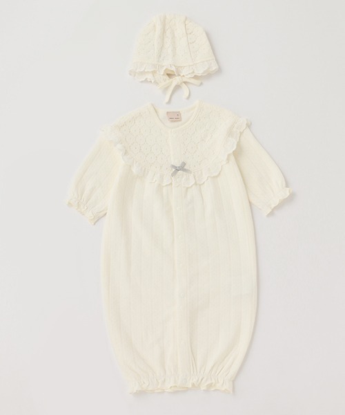 petit main(プティマイン)の「【弱酸性】帽子付レース切替2WAYオール(ロンパース・キッズ・アイボリー/ライトピンク・50-70cm)」の3枚目の写真