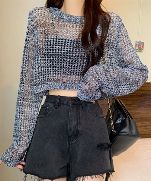 SONA(ソナ)の「SONA クロップメッシュニットトップス(ニット/セーター・レディース・ブラック/ホワイト/グレー・FREE)」の21枚目の写真