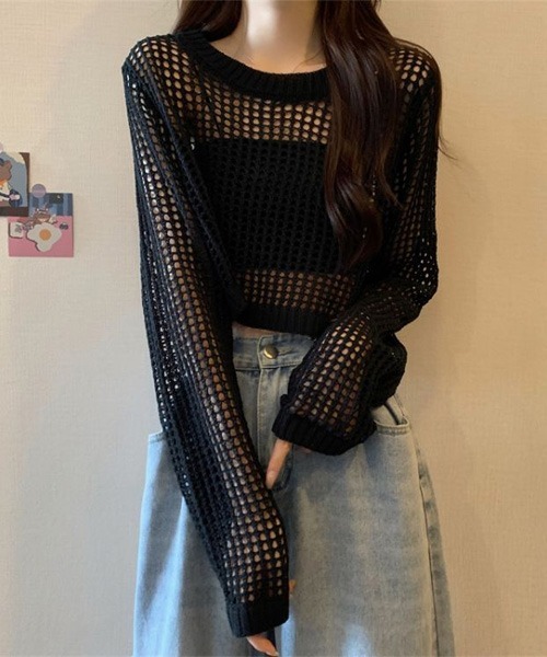 SONA(ソナ)の「SONA クロップメッシュニットトップス(ニット/セーター・レディース・ブラック/ホワイト/グレー・FREE)」の13枚目の写真