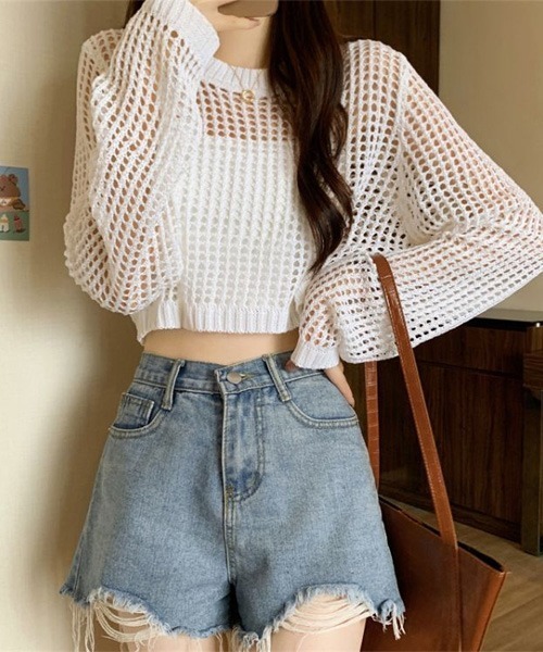 SONA(ソナ)の「SONA クロップメッシュニットトップス(ニット/セーター・レディース・ブラック/ホワイト/グレー・FREE)」の10枚目の写真