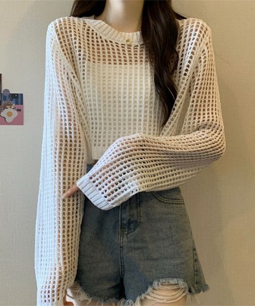 SONA(ソナ)の「SONA クロップメッシュニットトップス(ニット/セーター・レディース・ブラック/ホワイト/グレー・FREE)」の7枚目の写真