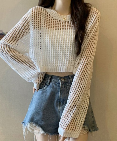 SONA(ソナ)の「SONA クロップメッシュニットトップス(ニット/セーター・レディース・ブラック/ホワイト/グレー・FREE)」の6枚目の写真