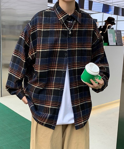 オーバーサイズ レギュラーカラー長袖チェックシャツ（シャツ