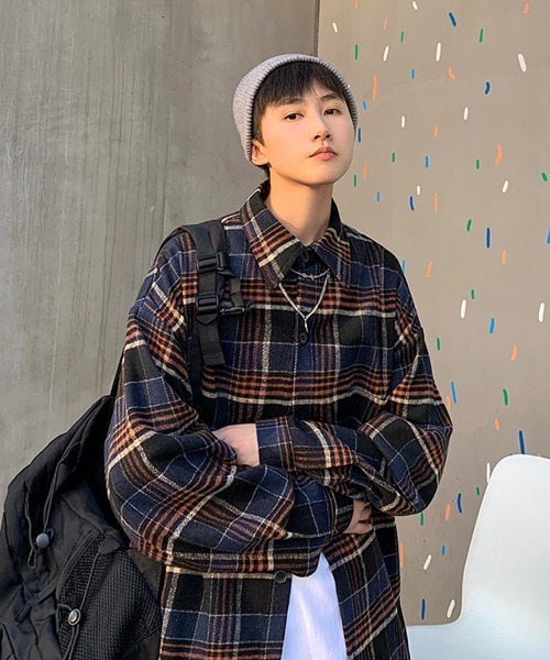 Ressaca（レサーカ）の「オーバーサイズ レギュラーカラー長袖チェックシャツ（シャツ/ブラウス・メンズ・オフホワイト/ネイビー/ベージュ・XXL/M/L/XL）」の9枚目の写真