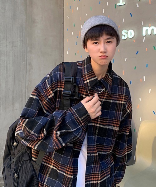 Ressaca（レサーカ）の「オーバーサイズ レギュラーカラー長袖チェックシャツ（シャツ/ブラウス・メンズ・オフホワイト/ネイビー/ベージュ・XXL/M/L/XL）」の10枚目の写真