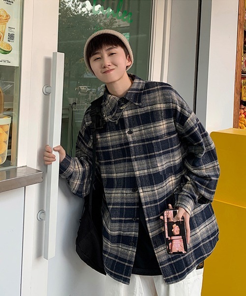 Ressaca（レサーカ）の「オーバーサイズ レギュラーカラー長袖チェックシャツ（シャツ/ブラウス・メンズ・オフホワイト/ネイビー/ベージュ・XXL/M/L/XL）」の14枚目の写真