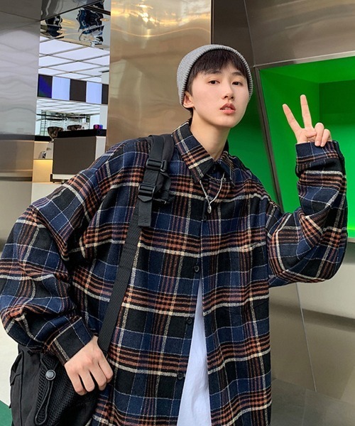 オーバーサイズ レギュラーカラー長袖チェックシャツ（シャツ