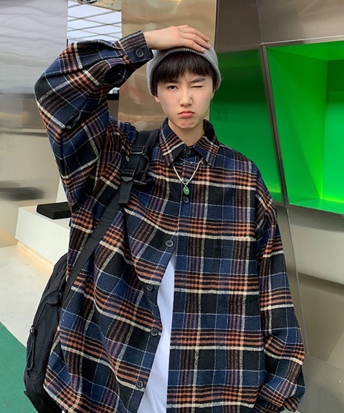 オーバーサイズ レギュラーカラー長袖チェックシャツ（シャツ/ブラウス