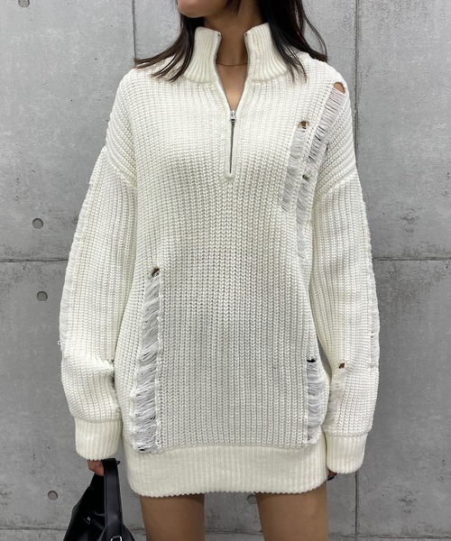 セール】ダメージハーフジップニットトップス（ニット/セーター