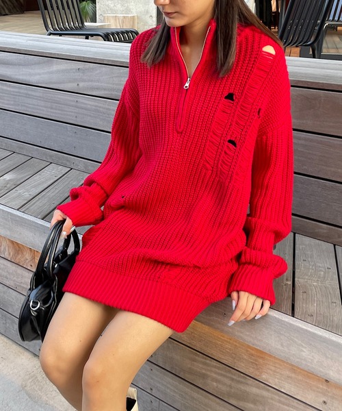 セール】ダメージハーフジップニットトップス（ニット/セーター