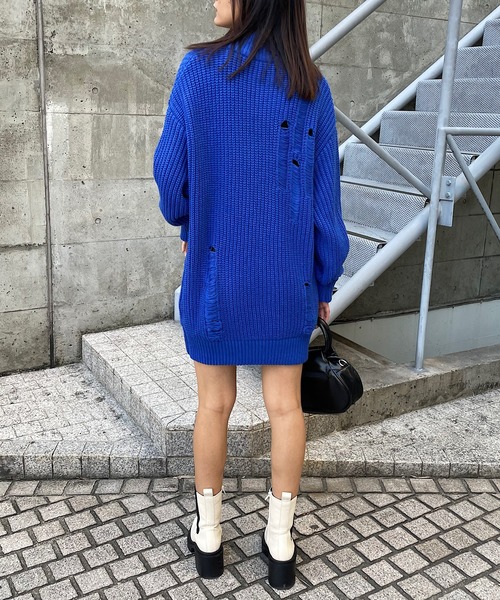 セール】ダメージハーフジップニットトップス（ニット/セーター