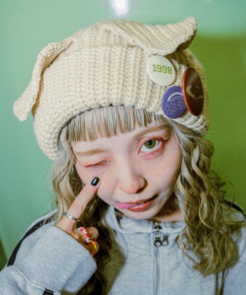 PBLIM(ページボーイリム)の「PBLIM/マンマルココラボネコミミニットボウ(ニットキャップ/ビーニー・レディース・ブラック/ライトベージュ・FREE)」の2枚目の写真