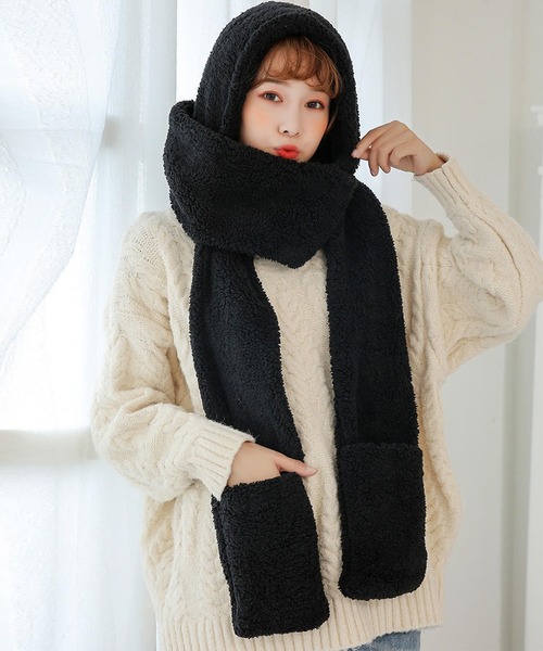 レディース 手袋にもなるモコモコボアのフードマフラー（マフラー