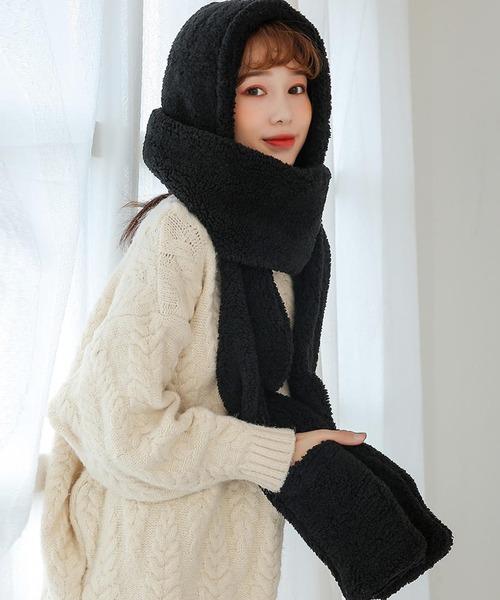 レディース 手袋にもなるモコモコボアのフードマフラー（マフラー