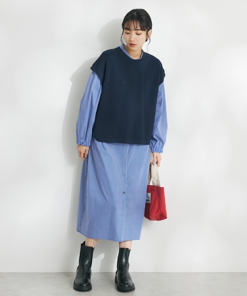 CRAFT STANDARD BOUTIQUE(クラフトスタンダードブティック)の「【洗える】ニットベスト+シャツワンピース-SET(シャツワンピース・レディース・ブラック/ネイビー・FREE)」の1枚目の写真