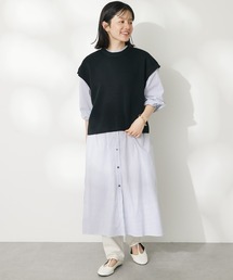 【洗える】ニットベスト+シャツワンピース-SET