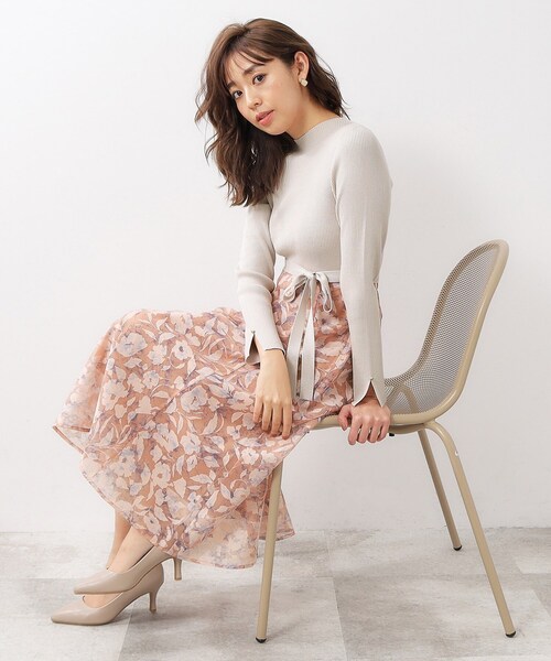 セール】≪美人百花掲載≫ リブニット×シアーフラワーワンピース