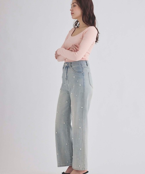 パールのデニムパンツ Pearl Deco Wide Denim Pants パールデコワイドデニムパンツ.