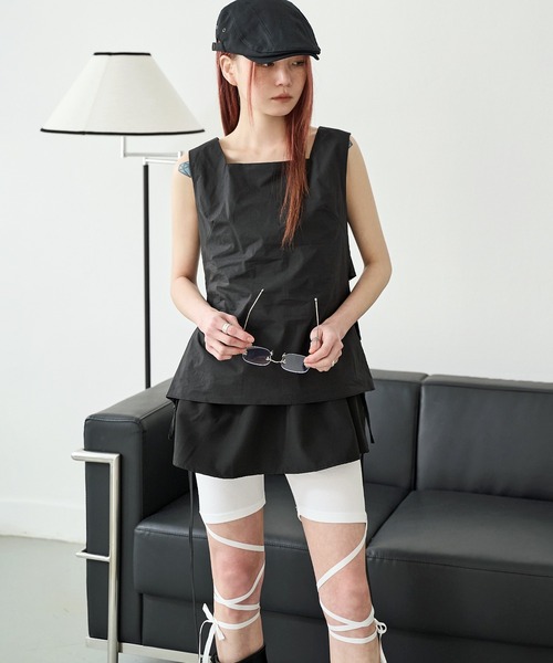 UNE MANSION（ユヌマンション）の「【バレエコアルック】【運動ウェア/ヨガウェアおすすめ】ストラップリボンレイヤードレギンスバイカーパンツ（その他パンツ・レディース・チャコール/アイボリー/ブラック・FREE）」の7枚目の写真