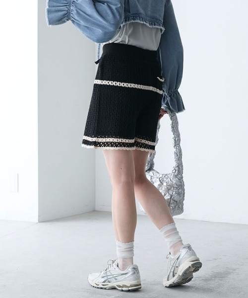 美品‼️ローチェ　イエロー　セットアップ　スコートショートパンツ　フリル　トップス forksy.】【セットアップ対応】ライン配色クロシェショート