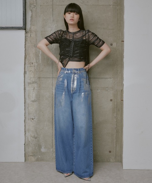 RAY CASSIN（レイカズン）の「【サイズ展開あり】箔プリントデニムパンツ（デニムパンツ・レディース・ブルー/グレー/ライトブルー・2/1/0）」の4枚目の写真