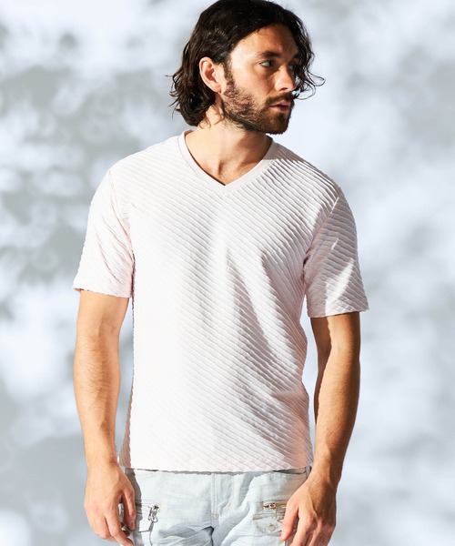 HIDEAWAYS NICOLE（ハイダウェイニコル）の「バイアスブリスタージャガードＶネック半袖プルオーバー（Tシャツ/カットソー・メンズ・ピンク/シルバーグレー/ブラック/オフホワイト・X-LARGE/LARGE/MEDIUM）」の4枚目の写真