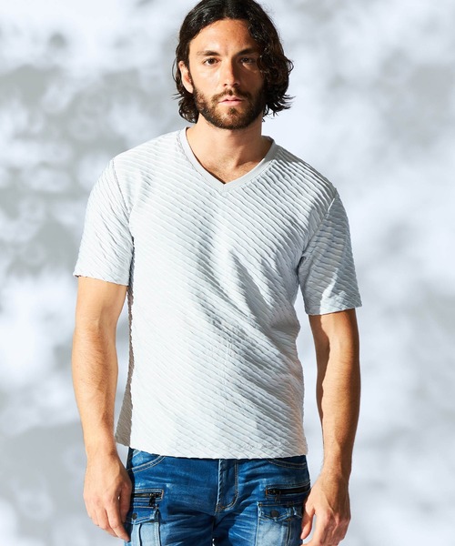 HIDEAWAYS NICOLE（ハイダウェイニコル）の「バイアスブリスタージャガードＶネック半袖プルオーバー（Tシャツ/カットソー・メンズ・ピンク/シルバーグレー/ブラック/オフホワイト・X-LARGE/LARGE/MEDIUM）」の3枚目の写真