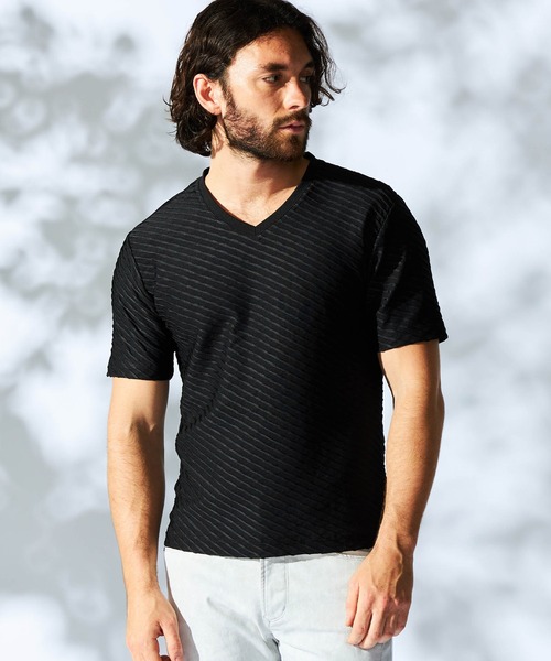 HIDEAWAYS NICOLE（ハイダウェイニコル）の「バイアスブリスタージャガードＶネック半袖プルオーバー（Tシャツ/カットソー・メンズ・ピンク/シルバーグレー/ブラック/オフホワイト・X-LARGE/LARGE/MEDIUM）」の2枚目の写真