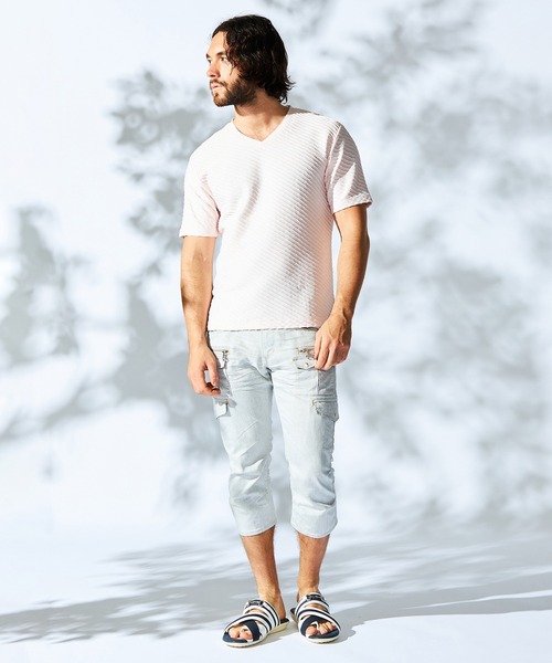 HIDEAWAYS NICOLE（ハイダウェイニコル）の「バイアスブリスタージャガードＶネック半袖プルオーバー（Tシャツ/カットソー・メンズ・ピンク/シルバーグレー/ブラック/オフホワイト・X-LARGE/LARGE/MEDIUM）」の5枚目の写真