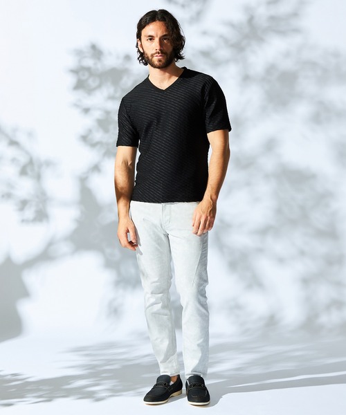 HIDEAWAYS NICOLE（ハイダウェイニコル）の「バイアスブリスタージャガードＶネック半袖プルオーバー（Tシャツ/カットソー・メンズ・ピンク/シルバーグレー/ブラック/オフホワイト・X-LARGE/LARGE/MEDIUM）」の8枚目の写真