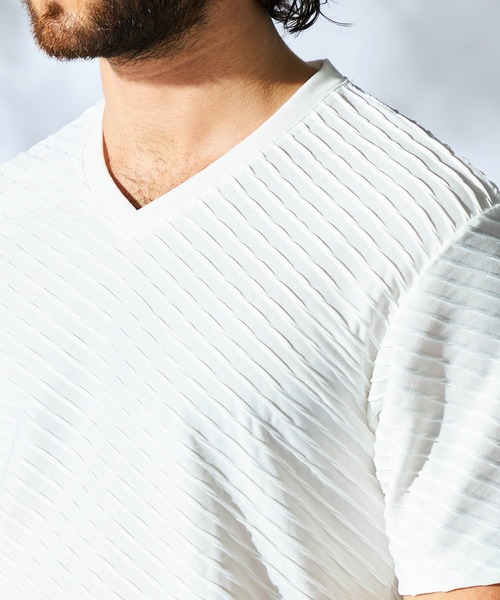 HIDEAWAYS NICOLE（ハイダウェイニコル）の「バイアスブリスタージャガードＶネック半袖プルオーバー（Tシャツ/カットソー・メンズ・ピンク/シルバーグレー/ブラック/オフホワイト・X-LARGE/LARGE/MEDIUM）」の11枚目の写真