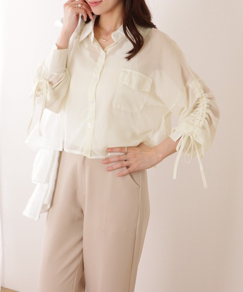 Lace Ladies(レースレディース)の「ドロスト付き バルーン袖 前開き ショート丈 ブラウス(シャツ/ブラウス・レディース・イエロー/ホワイト・S/M/XL)」の17枚目の写真