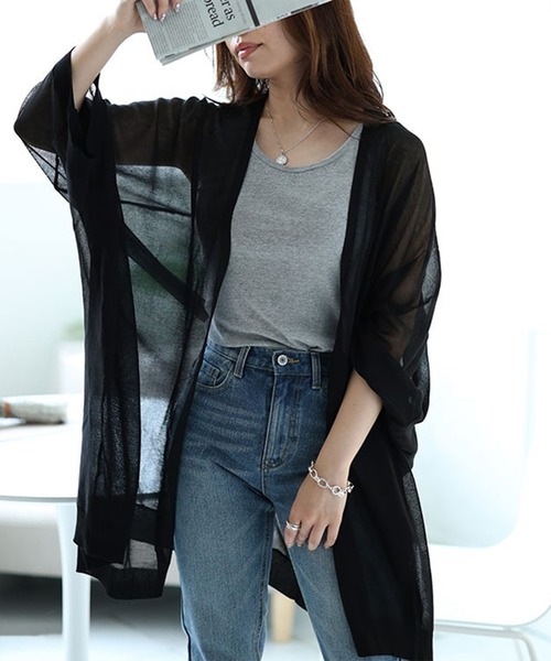 GOLDJAPAN(ゴールドジャパン)の「シアーニットドルマンカーディガン『大きいサイズ対応』(カーディガン/ボレロ・レディース・ラベンダー/イエロー/ブルー/グレー/ブラック・LL~3L/4L~5L)」の2枚目の写真